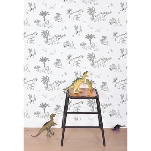 Lilipinso Stickers Et Papiers-peint Enfant Papier Peint Dinosaures En Papier Gris 50cm X 10m