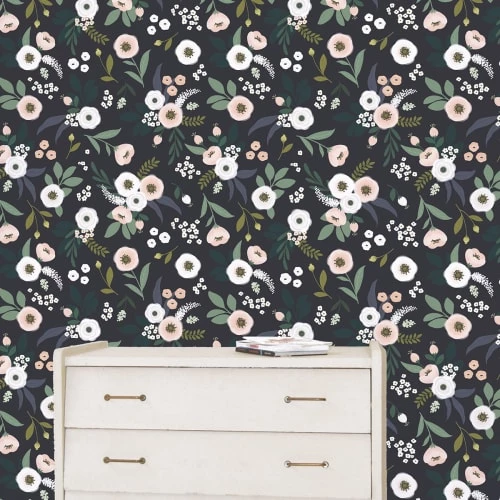 Lilipinso Stickers Et Papiers-peint Enfant Papier Peint Floral En Papier Bleu Marine 50cm X 10m