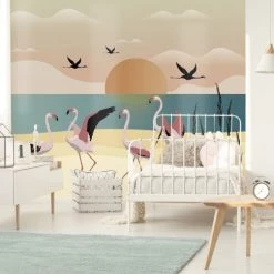 99Déco Stickers Et Papiers-peint Enfant Papier Peint Panoramique Enfant Nature Sunset Flamingo 336x270cm