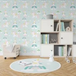 Decochic Stickers Et Papiers-peint Enfant Papier Peint Vinyle Adhésif Licornes Verte Menthe 50x300 Cm