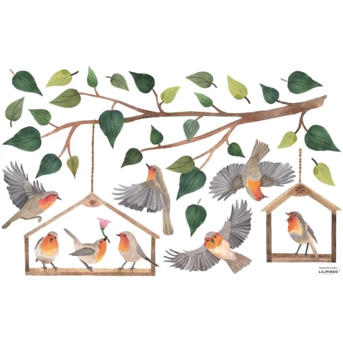 Lilipinso Stickers Et Papiers-peint Enfant Stickers Branches Et Oiseaux En Vinyle Mat Vert 64x40 Cm