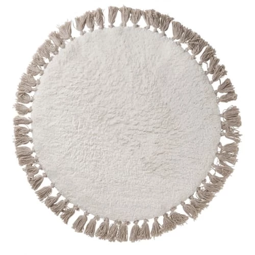 Guy Levasseur Tapis Enfant Tapis Fantaisie Coton Blanc Et Taupe Avec Pompons 70cm