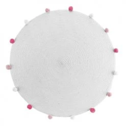 Douceur D'Intérieur Tapis Enfant Tapis Rond Pompons Blanc Rose D90cm