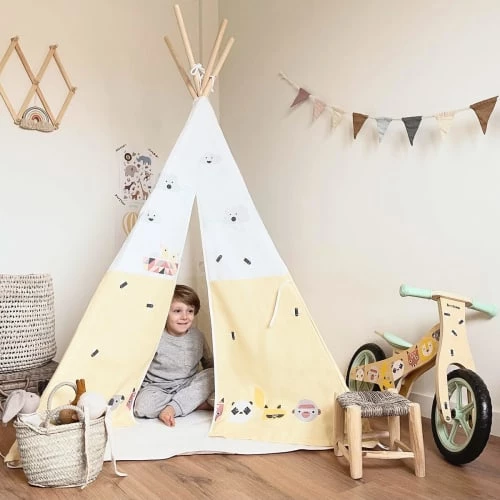 Beeloom Tipis Enfant Tente Tipi Pour Enfants En Bois Naturel Et Coton Jaune – Image 5