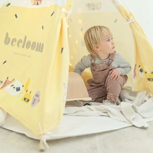 Beeloom Tipis Enfant Tente Tipi Pour Enfants En Bois Naturel Et Coton Jaune – Image 6