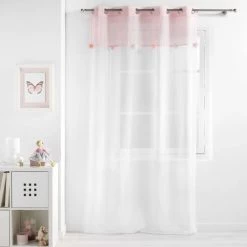 Douceur D'Intérieur Rideaux Enfant Voilage à Pompons Colorés Polyester Blanc/rose 240x140cm